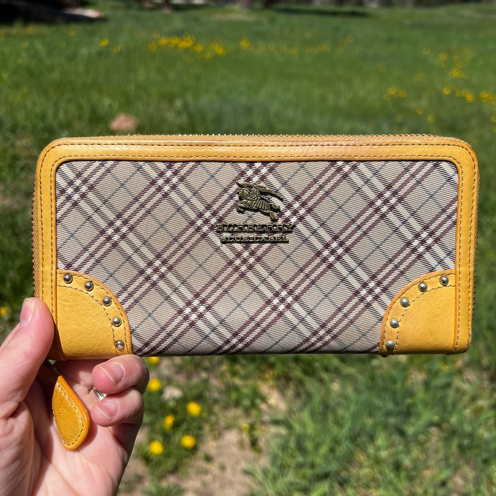 Burberry Checkered long zip Wallet with Leather Trim